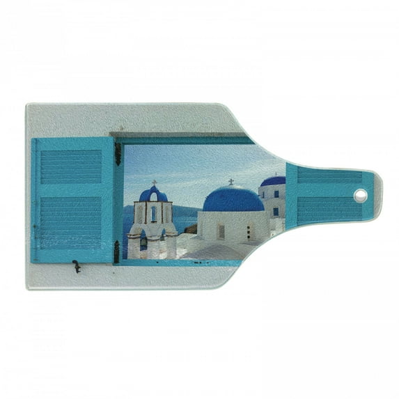 Landscape Cutting Board, Window View of Classical Building Domes Oia Santorini Greece Travel, Decorative Tempered Glass Cutting and Serving Board, in 3 Sizes, by Ambesonne