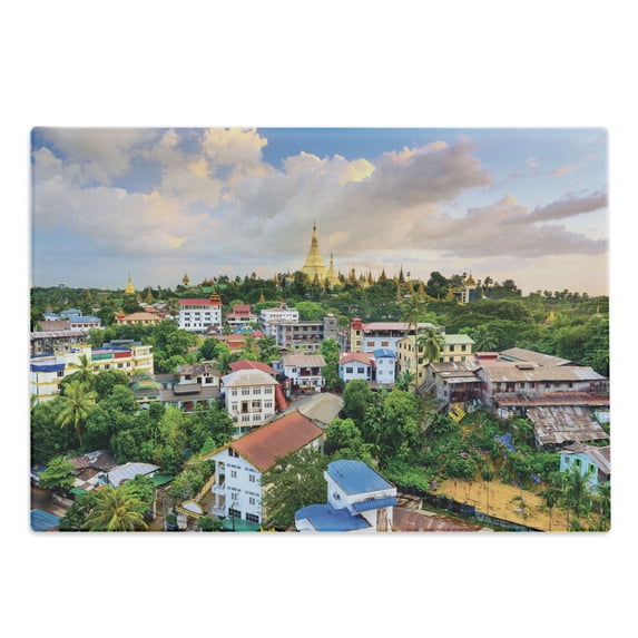 Landscape Cutting Board, Yangon Myanmar Skline Cityscape Scenery with Nature Village Houses Art Print, Decorative Tempered Glass Cutting and Serving Board, Large Size, Multicolor, by Ambesonne