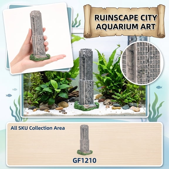 Landscape Decor, Large Fish Tank Decorations, Collapsed City Skyscraper Fish Tank Castle Ornament, 6X2X2In Fish Tank Landscaping Decor Piece, Resin Post-Disaster Building Aquarium