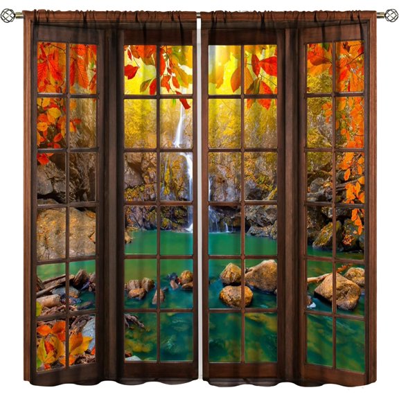 Landscape Decorative Curtains,Autumn Forest Waterfall Rustic Window Curtains Bedroom Living Room Kitchen 2pcs Set 84x84in