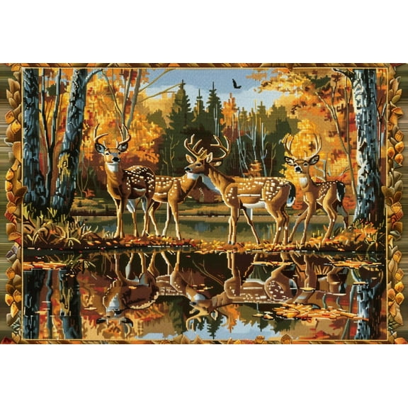 Landscape of Deer in Autumn Forest Pond DIY 11CT Stamped Cross Stitch Kits for Beginners Easy Needlepoint Embroidery Counted Cross Stitch Art Craft for Wall Decoration 12x16inch(3)