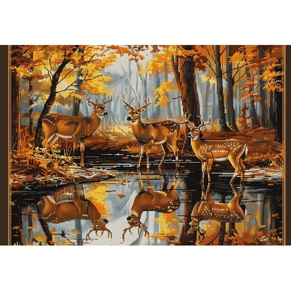 Landscape of Deer in Autumn Forest Pond DIY 11CT Stamped Cross Stitch Kits for Beginners Easy Needlepoint Embroidery Counted Cross Stitch Art Craft for Wall Decoration 12x16inch(1)