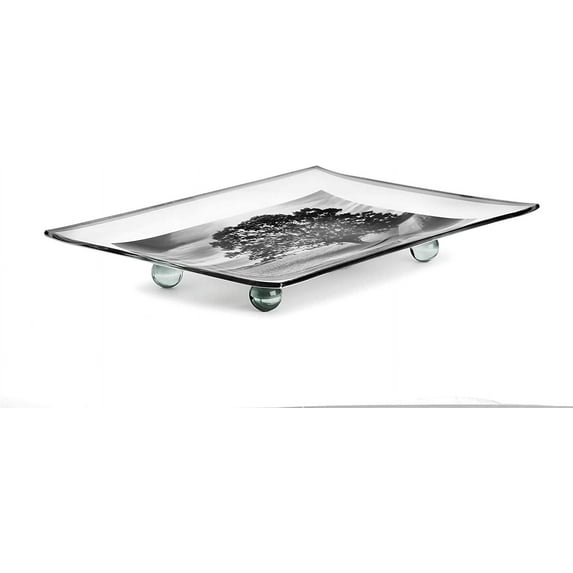 Landscape Design Rectangular Tempered Glass Serving Tray on Glass Legs – 8x12 Inch – Break – Oven, Microwave, and Dishwasher Safe–Attractive Charcoal Colored Serving Platter