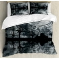 thumbnail image 1 of Landscape Duvet Cover Set, 3D Graphic Fantasy Land at Night Cloudy Sky Moon Trees Water Reflection, Decorative 3 Piece Bedding Set with 2 Pillow Shams, King Size, Black White Grey, by Ambesonne, 1 of 3