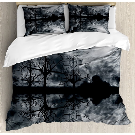 Landscape Duvet Cover Set, 3D Graphic Fantasy Land at Night Cloudy Sky Moon Trees Water Reflection, Decorative 3 Piece Bedding Set with 2 Pillow Shams, Queen Size, Black White Grey, by Ambesonne