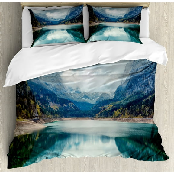 Landscape Duvet Cover Set, Alpine Lake with Dramatic Sky Forest and Mountains Journey Art, Decorative 3 Piece Bedding Set with 2 Pillow Shams, King Size, Blue Green Grey, by Ambesonne