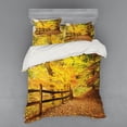 thumbnail image 1 of Landscape Duvet Cover Set, Autumn Season Fall Trees Leaves on Pathway to Forest with Fence Photo, Bedding Set with Shams and Fitted Sheet, 3 Sizes, by Ambesonne, 1 of 3