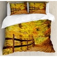 thumbnail image 1 of Landscape Duvet Cover Set, Autumn Season Fall Trees Leaves on Pathway to Forest with Fence Photo, Decorative 3 Piece Bedding Set with 2 Pillow Shams, King Size, Ginger Yellow Marigold, by Ambesonne, 1 of 3