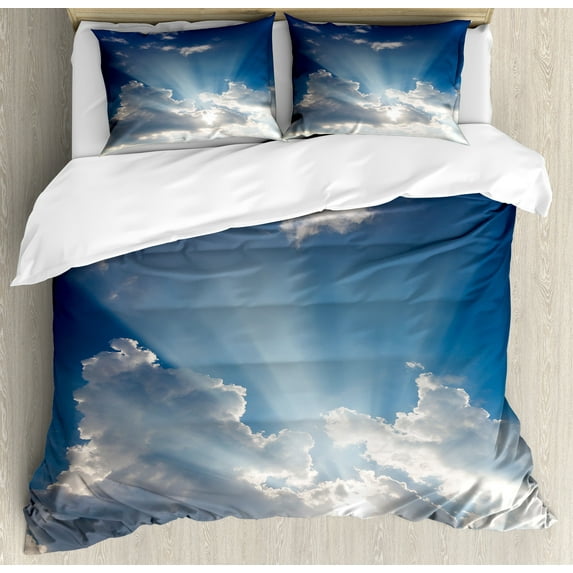 Landscape Duvet Cover Set, Big Sunbeam Coming out of Clouds Sunny Day Overcast Sky Scenic Scenery Picture, Decorative 3 Piece Bedding Set with 2 Pillow Shams, Calking Size, Blue White, by Ambesonne