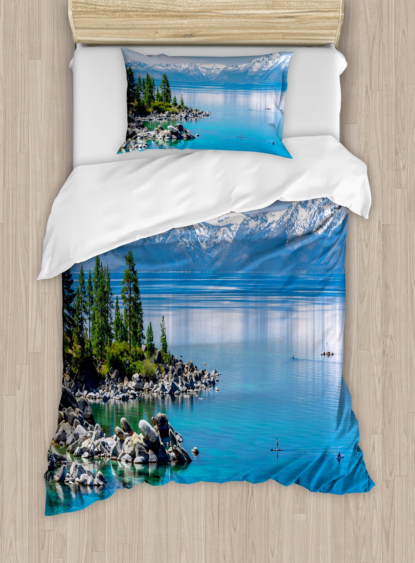 Twin Blue and Green Microfiber Landscape Duvet Cover Set