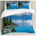 thumbnail image 1 of Landscape Duvet Cover Set, Blue Waters of Lake Tahoe Snowy Mountains Pine Trees Rocks Relax Shore, Decorative 3 Piece Bedding Set with 2 Pillow Shams, King Size, Pale Blue Green Grey, by Ambesonne, 1 of 3