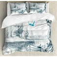 thumbnail image 1 of Landscape Duvet Cover Set, Boat on Calm River Trees Birds Twigs Sketch Drawing Clipart Water Minimalist, Decorative 3 Piece Bedding Set with 2 Pillow Shams, Calking Size, White Grey Blue, by Ambesonne, 1 of 3