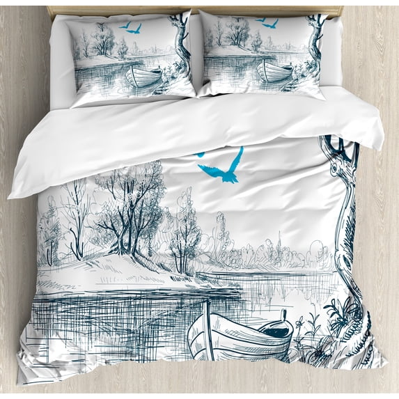 Landscape Duvet Cover Set, Boat on Calm River Trees Birds Twigs Sketch Drawing Clipart Water Minimalist, Decorative 3 Piece Bedding Set with 2 Pillow Shams, King Size, White Grey Blue, by Ambesonne