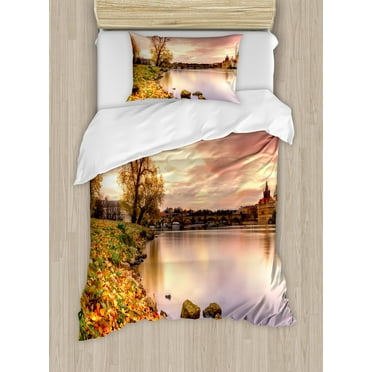 Landscape Duvet Cover Set, Bohemian Old Town Scenery by the River with Gothic Buildings in the Fall Sunset, Decorative 2 Piece Bedding Set with 1 Pillow Shams, Twin Size, Pink Orange, by Ambesonne