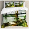 thumbnail image 1 of Landscape Duvet Cover Set, Bridge and Old Boat on Riverside Distressed Paint Style Nostalgic City Picture, Decorative 3 Piece Bedding Set with 2 Pillow Shams, Queen Size, Green Grey, by Ambesonne, 1 of 3