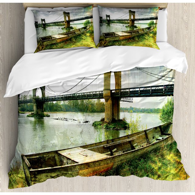 Landscape Duvet Cover Set, Bridge and Old Boat on Riverside Distressed Paint Style Nostalgic City Picture, Decorative 3 Piece Bedding Set with 2 Pillow Shams, Queen Size, Green Grey, by Ambesonne