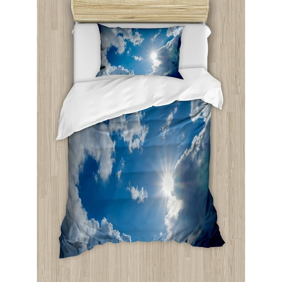 Landscape Duvet Cover Set, Clear Weather Vivid Vibrant Sun on Sky with Clouds Solar of Clean Energy Power Art, Decorative 2 Piece Bedding Set with 1 Pillow Shams, Twin Size, Grey Blue, by Ambesonne