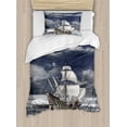 thumbnail image 1 of Landscape Duvet Cover Set, Cloudy Sky Caribbean Pirates Ship Oil Print Like Art Image, Decorative 2 Piece Bedding Set with 1 Pillow Shams, Twin Size, Blue Grey Pale Grey, by Ambesonne, 1 of 3