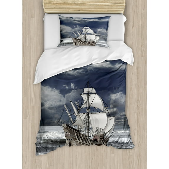 Landscape Duvet Cover Set, Cloudy Sky Caribbean Pirates Ship Oil Print Like Art Image, Decorative 2 Piece Bedding Set with 1 Pillow Shams, Twin Size, Blue Grey Pale Grey, by Ambesonne