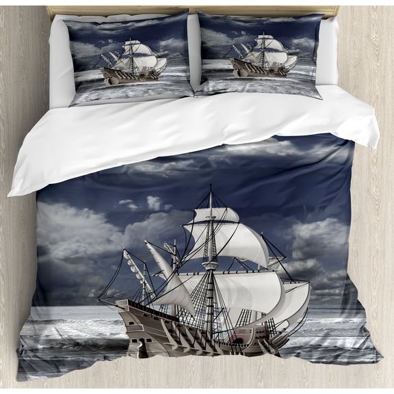 Landscape Duvet Cover Set, Cloudy Sky Caribbean Pirates Ship Oil Print Like Art Image, Decorative 3 Piece Bedding Set with 2 Pillow Shams, Queen Size, Blue Grey Pale Grey, by Ambesonne