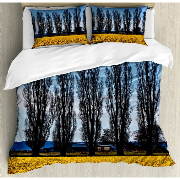 Landscape Duvet Cover Set, Daffodil Field Farming Garden Nature Valley Northwest Art of Photography Print, Decorative 3 Piece Bedding Set with 2 Pillow Shams, Calking Size, Mustard Blue, by Ambesonne