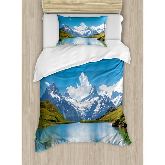 Landscape Duvet Cover Set, Dreamy View of Alpine Lake with Snow Frozen Peaks Swiss Northern Explore, Decorative 2 Piece Bedding Set with 1 Pillow Shams, Twin Size, Blue Green White, by Ambesonne