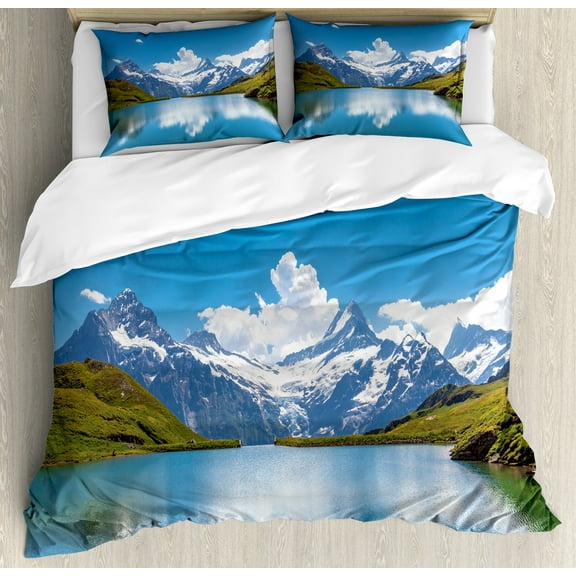 Landscape Duvet Cover Set, Dreamy View of Alpine Lake with Snow Frozen Peaks Swiss Northern Explore, Decorative 3 Piece Bedding Set with 2 Pillow Shams, Calking Size, Blue Green White, by Ambesonne