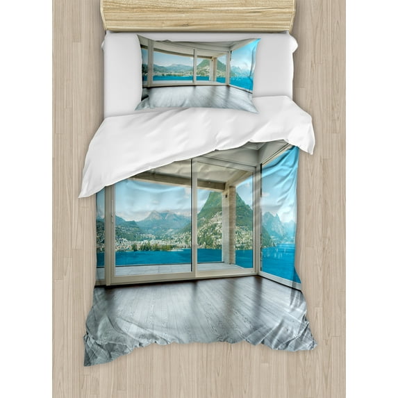 Landscape Duvet Cover Set, Empty Apartment Home with Seascape and Forest View Photo Image, Decorative 2 Piece Bedding Set with 1 Pillow Shams, Twin Size, Forest Green White, by Ambesonne