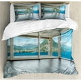 thumbnail image 1 of Landscape Duvet Cover Set, Empty Apartment Home with Seascape and Forest View Photo Image, Decorative 3 Piece Bedding Set with 2 Pillow Shams, Queen Size, Forest Green White, by Ambesonne, 1 of 3