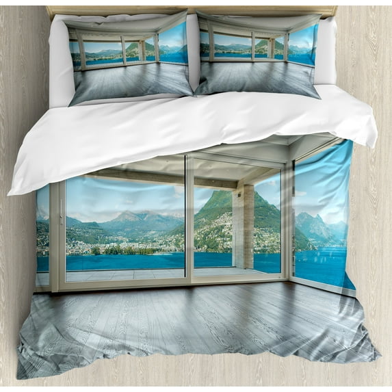 Landscape Duvet Cover Set, Empty Apartment Home with Seascape and Forest View Photo Image, Decorative 3 Piece Bedding Set with 2 Pillow Shams, Queen Size, Forest Green White, by Ambesonne
