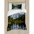 thumbnail image 1 of Landscape Duvet Cover Set, Fall Colored Trees and Snowy Mountain Landscape with Crystal Lake Nature, Decorative 2 Piece Bedding Set with 1 Pillow Shams, Twin Size, Green Blue White, by Ambesonne, 1 of 3