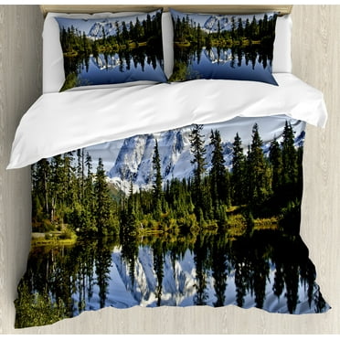 Landscape Duvet Cover Set, Fall Colored Trees and Snowy Mountain Landscape with Crystal Lake Nature, Decorative 3 Piece Bedding Set with 2 Pillow Shams, Calking Size, Green Blue White, by Ambesonne