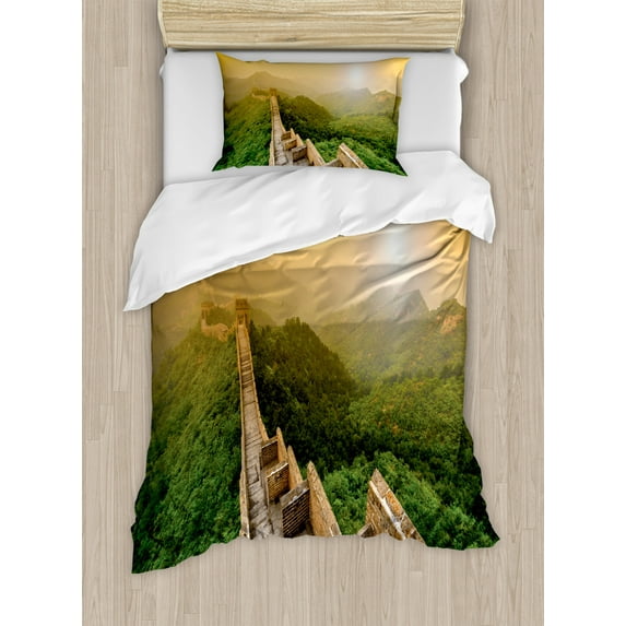 Landscape Duvet Cover Set, Famous Place in Jinshanling Rocky Fences Dreamy Surreal Image, Decorative 2 Piece Bedding Set with 1 Pillow Shams, Twin Size, Green Earth Yellow, by Ambesonne