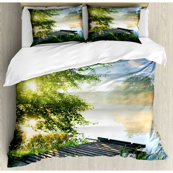 Landscape Duvet Cover Set, Fishing Pier by River in the Morning Clouds and Trees Nature Image, Decorative 3 Piece Bedding Set with 2 Pillow Shams, Queen Size, Green Blue White, by Ambesonne