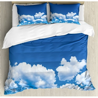 Landscape Duvet Cover Set, Floating Clouds in the Sky on a Sunny Day Summertime Natural Scene Picture Print, Decorative 3 Piece Bedding Set with 2 Pillow Shams, Calking Size, White Blue, by Ambesonne