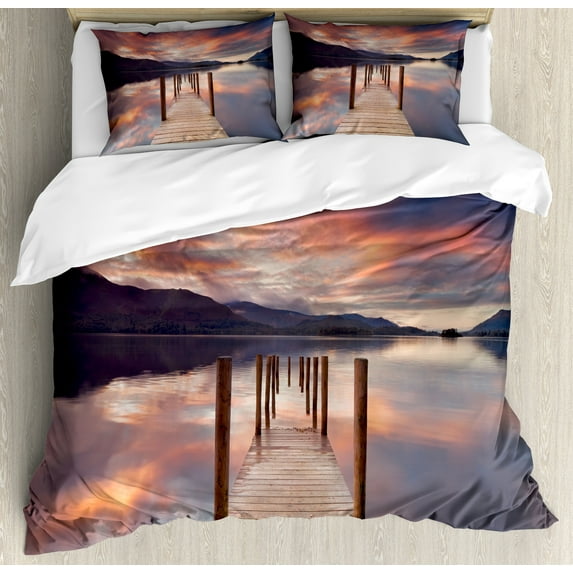 Landscape Duvet Cover Set, Flooded Jetty in Derwent Water Lake District England Sunset Morning Photo, Decorative 3 Piece Bedding Set with 2 Pillow Shams, Queen Size, Coral Purplegrey, by Ambesonne