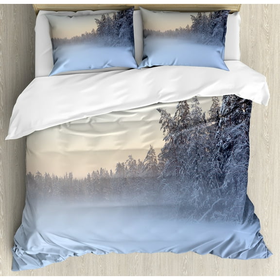 Landscape Duvet Cover Set, Frozen Winter Lake River in Woods Trees Under the Snow Nature Forest, Decorative 3 Piece Bedding Set with 2 Pillow Shams, Calking Size, White Green, by Ambesonne