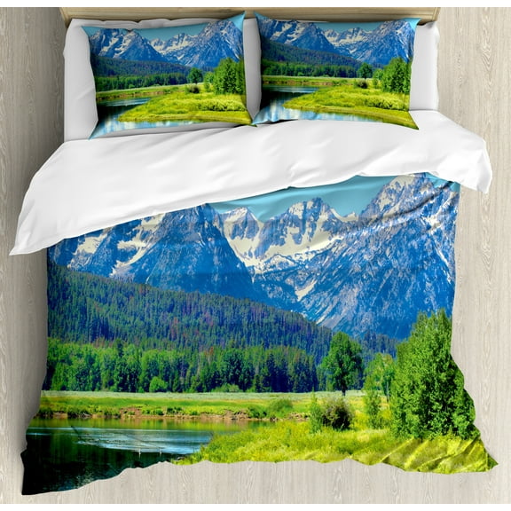 Landscape Duvet Cover Set, Grand Teton National Park Snowy Peak Mountains Nature Scene Picture, Decorative 3 Piece Bedding Set with 2 Pillow Shams, Calking Size, Yellow Green Multicolor, by Ambesonne