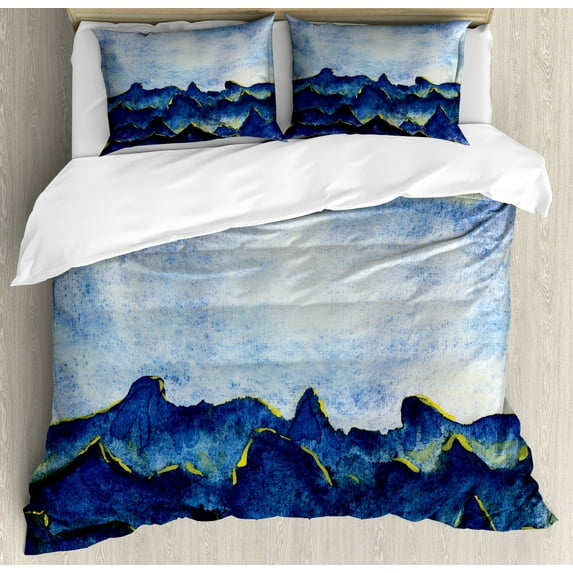 Landscape Duvet Cover Set, Hills Under Cloudy Sky with the Reflection of Moon Vivid Landscape Print, Decorative 3 Piece Bedding Set with 2 Pillow Shams, Calking Size, Yellow Blue, by Ambesonne