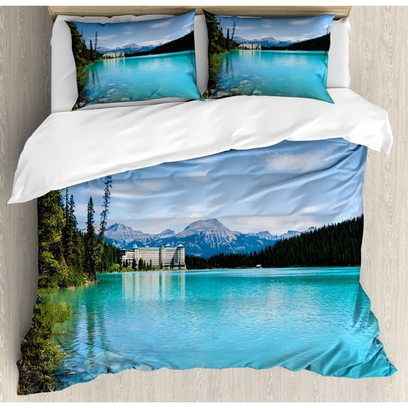 Landscape Duvet Cover Set, Historical Castle by the Crystal Color Lake Canadian Rurals Art, Decorative 3 Piece Bedding Set with 2 Pillow Shams, Queen Size, Turquoise Green, by Ambesonne