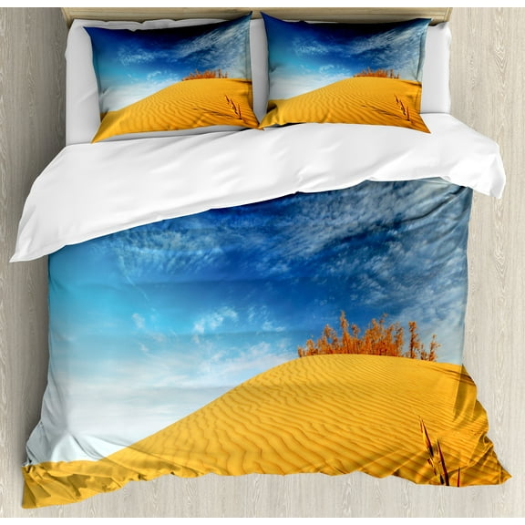 Landscape Duvet Cover Set, Hot Desert Sand Dunes and Dry Plants Open Sky Nature Art Print, Decorative 3 Piece Bedding Set with 2 Pillow Shams, Calking Size, Blue and Apricot, by Ambesonne