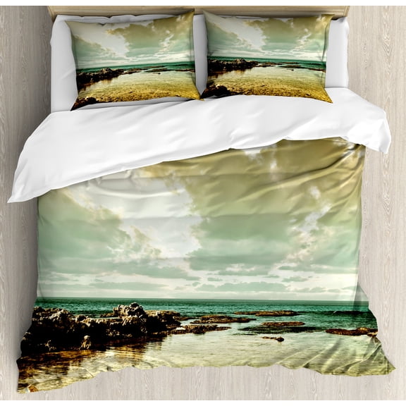 Landscape Duvet Cover Set, Island Scenery near Ocean Sea with Clouds Puddle Stones Gloomy Air Photo, Decorative 3 Piece Bedding Set with 2 Pillow Shams, Queen Size, Beige Sepia Teal, by Ambesonne