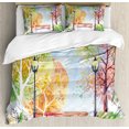 thumbnail image 1 of Landscape Duvet Cover Set King Size, Hand Drawn Watercolor Autumn Park Trees Shrubs Bench and Lanterns Nature Artwork, Decorative 3 Piece Bedding Set with 2 Pillow Shams, Multicolor, by Ambesonne, 1 of 3