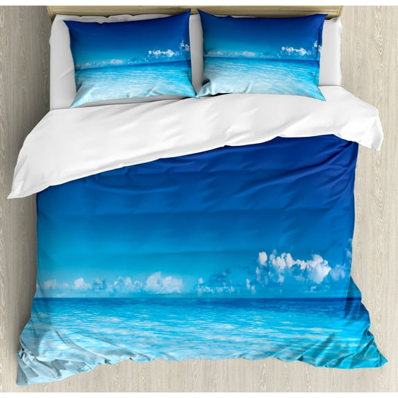 Landscape Duvet Cover Set King Size, Ocean Scenery Deep Sea Beach Hot Summer Themed Photo, Decorative 3 Piece Bedding Set with 2 Pillow Shams, Turquoise Pale Blue and Dark Blue, by Ambesonne