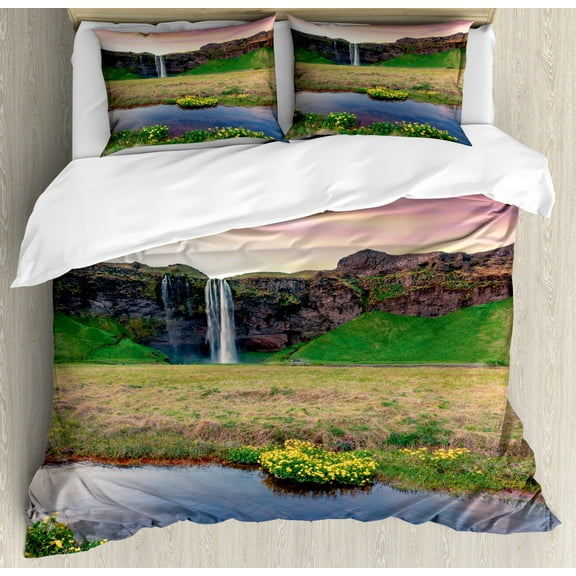 Landscape Duvet Cover Set King Size, Scenery View of Seljalandfoss Waterfall on Seljalandsa River and Pinky Sunrise, Decorative 3 Piece Bedding Set with 2 Pillow Shams, Multicolor, by Ambesonne