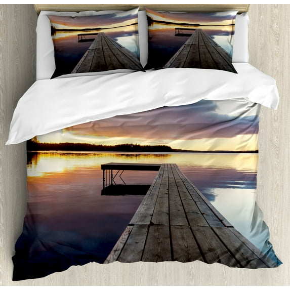 Landscape Duvet Cover Set King Size, Serenity Relaxing Themed Port Pier Wooden Rustic Image of Dawn Sunset in Lake Art, Decorative 3 Piece Bedding Set with 2 Pillow Shams, Multicolor, by Ambesonne