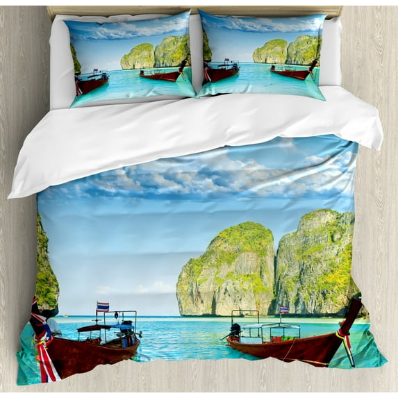 Landscape Duvet Cover Set King Size, Traditional Longtail Boats at Maya Bay in Thailand Asian Exotic Seascape Image, Decorative 3 Piece Bedding Set with 2 Pillow Shams, Multicolor, by Ambesonne