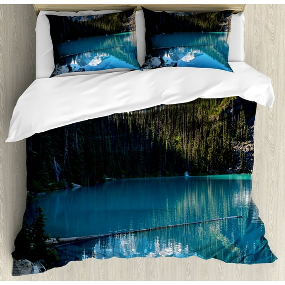 Landscape Duvet Cover Set, Lake in Northern Canada with Slim Trees and Snowy Frozen Mountain Novelty, Decorative 3 Piece Bedding Set with 2 Pillow Shams, Calking Size, Blue White Green, by Ambesonne