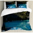 thumbnail image 1 of Landscape Duvet Cover Set, Lake in Northern Canada with Slim Trees and Snowy Frozen Mountain Novelty, Decorative 3 Piece Bedding Set with 2 Pillow Shams, Queen Size, Blue White Green, by Ambesonne, 1 of 3
