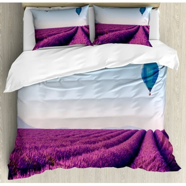 Landscape Duvet Cover Set, Lavender Flower Field with Balloon Photo, Decorative 3 Piece Bedding Set with 2 Pillow Shams, Calking Size, Magenta Sky Blue, by Ambesonne